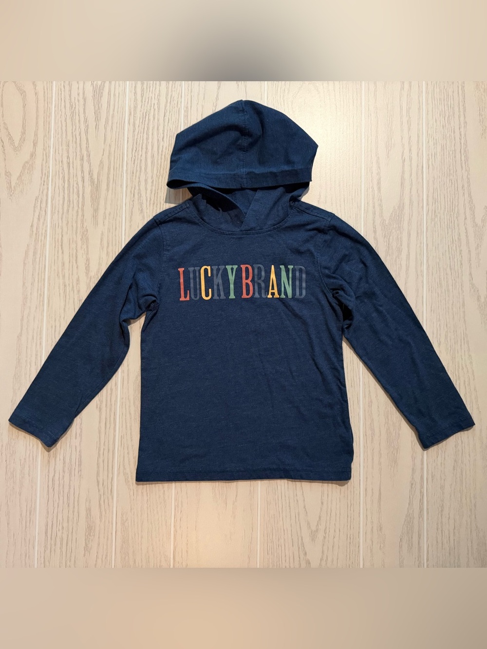 Lucky Brand Boys Size 6 Navy Blue Multicolor Logo Hooded Long Sleeve Shirt